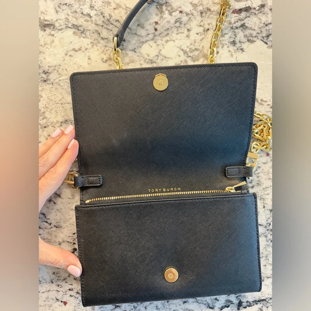Tory Burch Black Saffiano Robinson or Emerson Gold Chain Bag Wallet Purse